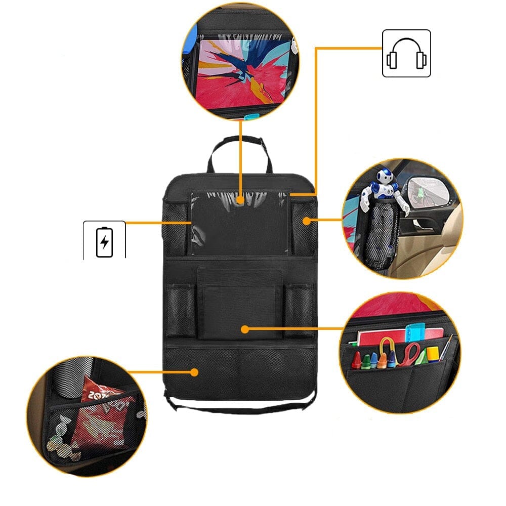 « Range Auto™ Organiseur de siège auto – Solution de rangement de voiture pratique et durable pour garder votre véhicule bien rangé. Parfait pour organiser les essentiels comme les clés, les téléphones et les collations, conçu pour s'adapter à la plupart des sièges auto. »